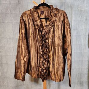 Colour Works $50 XXL Copper Bronze Metallic Ruffle Collared Tuxedo Dress Blouse